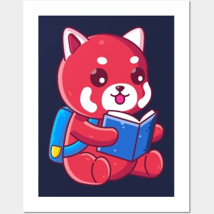 Cute school red panda reading book Posters and Art